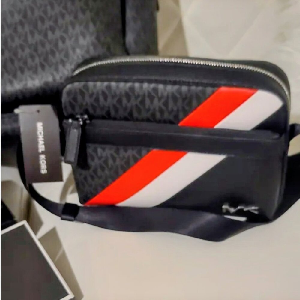 Michael Kors Men's Cooper Logo Striped Crossbody and matching wallets.